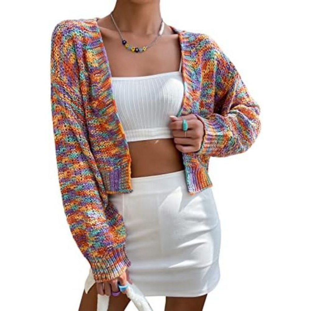 Women's Oversized Unbranded Multicolor Neon Pastels Knit Crop Cardigan Sweater L
